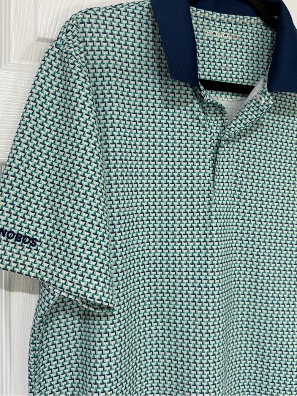 Bonobos Mini Sail Boats Mint Patterned Polo with Navy Collar - Picture 3 of 5